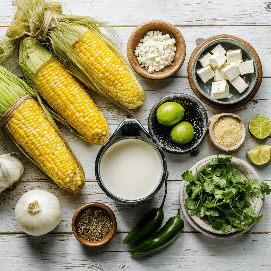 Ingredients for Mexican Street Corn Soup including corn, onion, garlic, lime, cheese, and cilantro.
