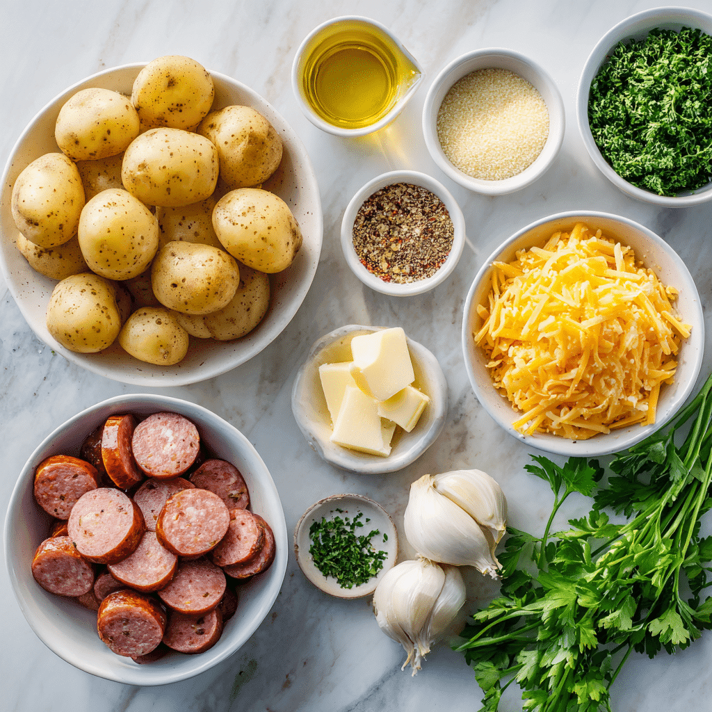 Ingredients for cheesy ranch potatoes and smoked sausage laid out on a countertop
