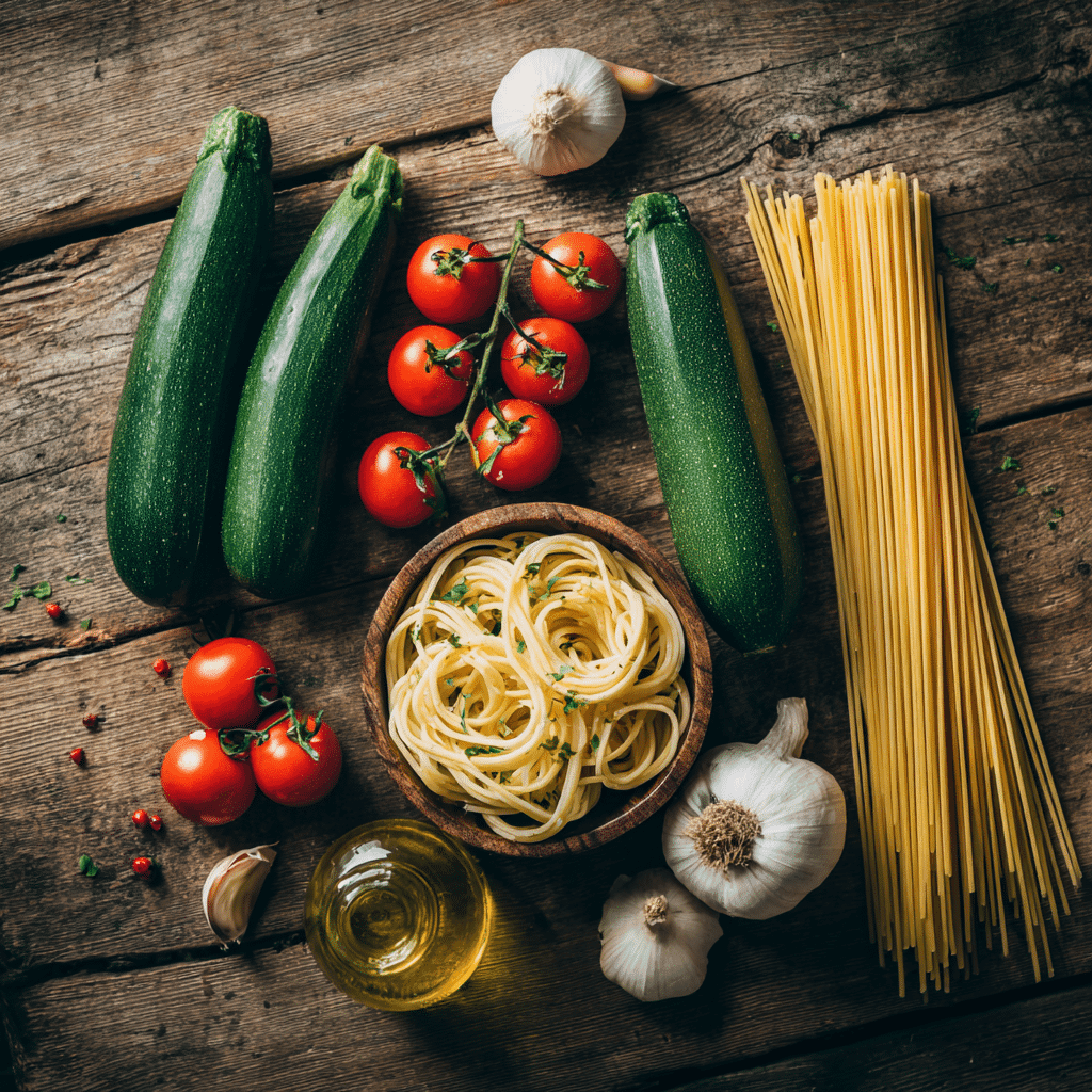 Fresh ingredients for zucchini pasta and tomato recipe