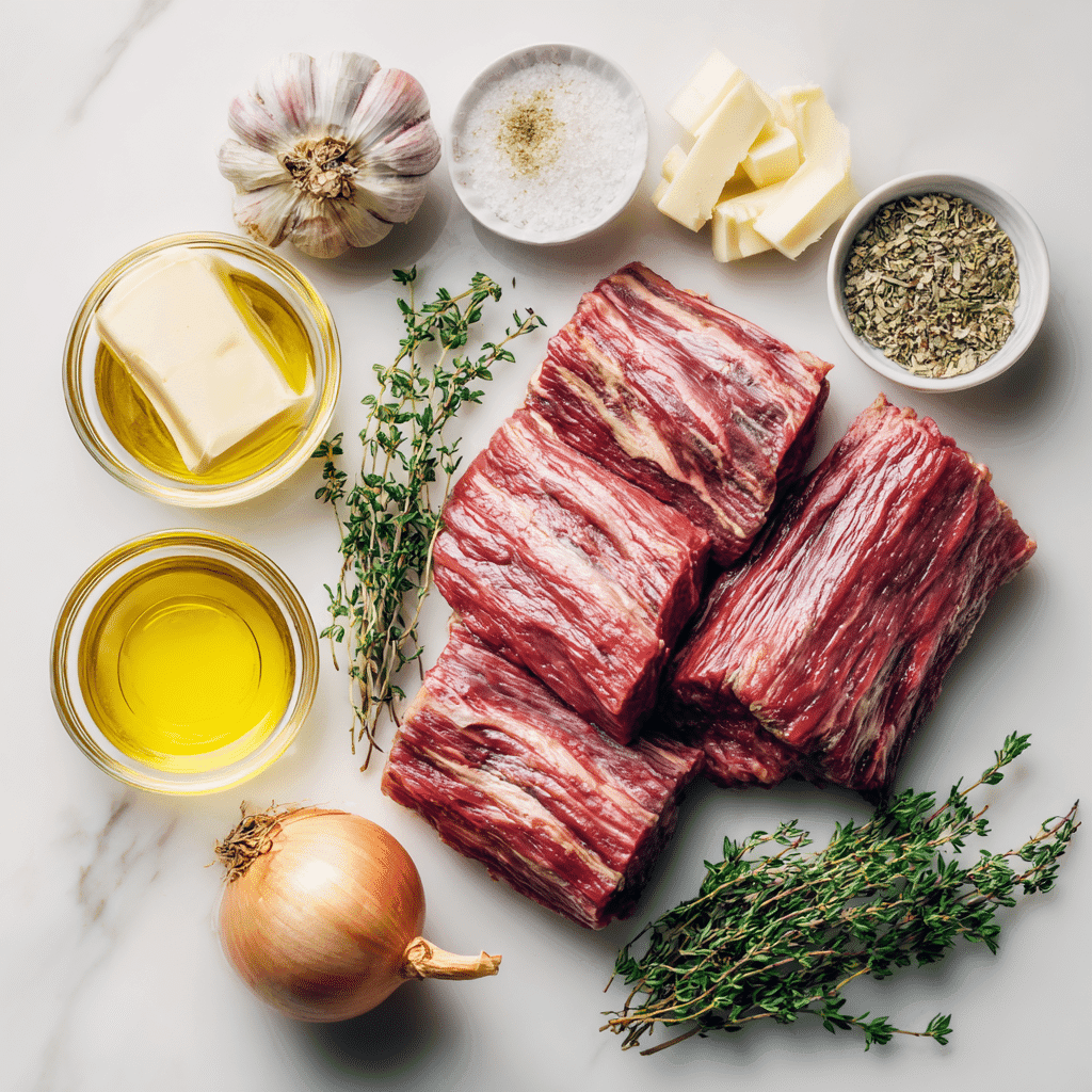 Ingredients for bavette steak with roasted garlic pan sauce arranged on a white kitchen counter.