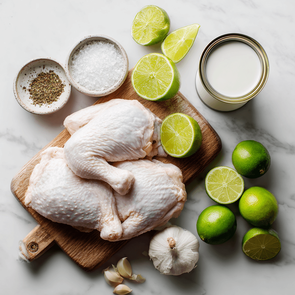 Ingredients for coconut lime chicken including raw chicken, coconut milk, limes, garlic, and spices