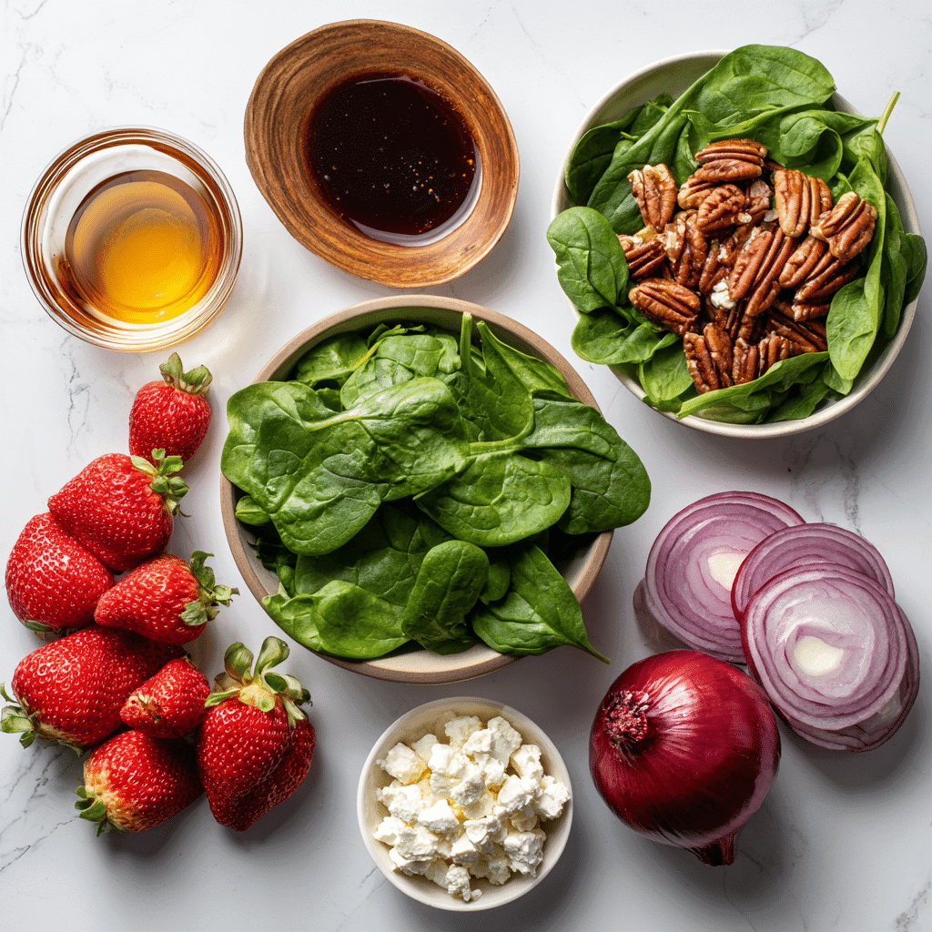 Ingredients for strawberry spinach salad