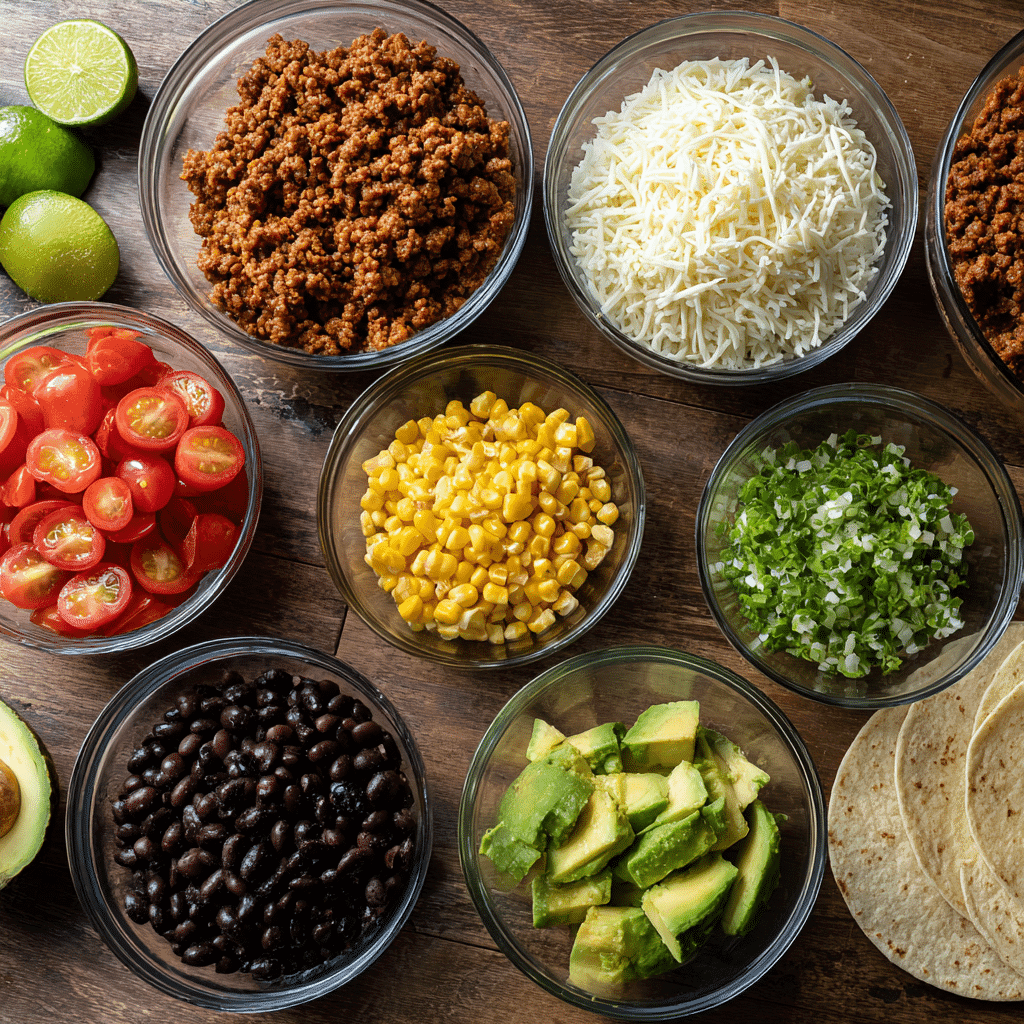 Taco lunch meal prep ingredients layout