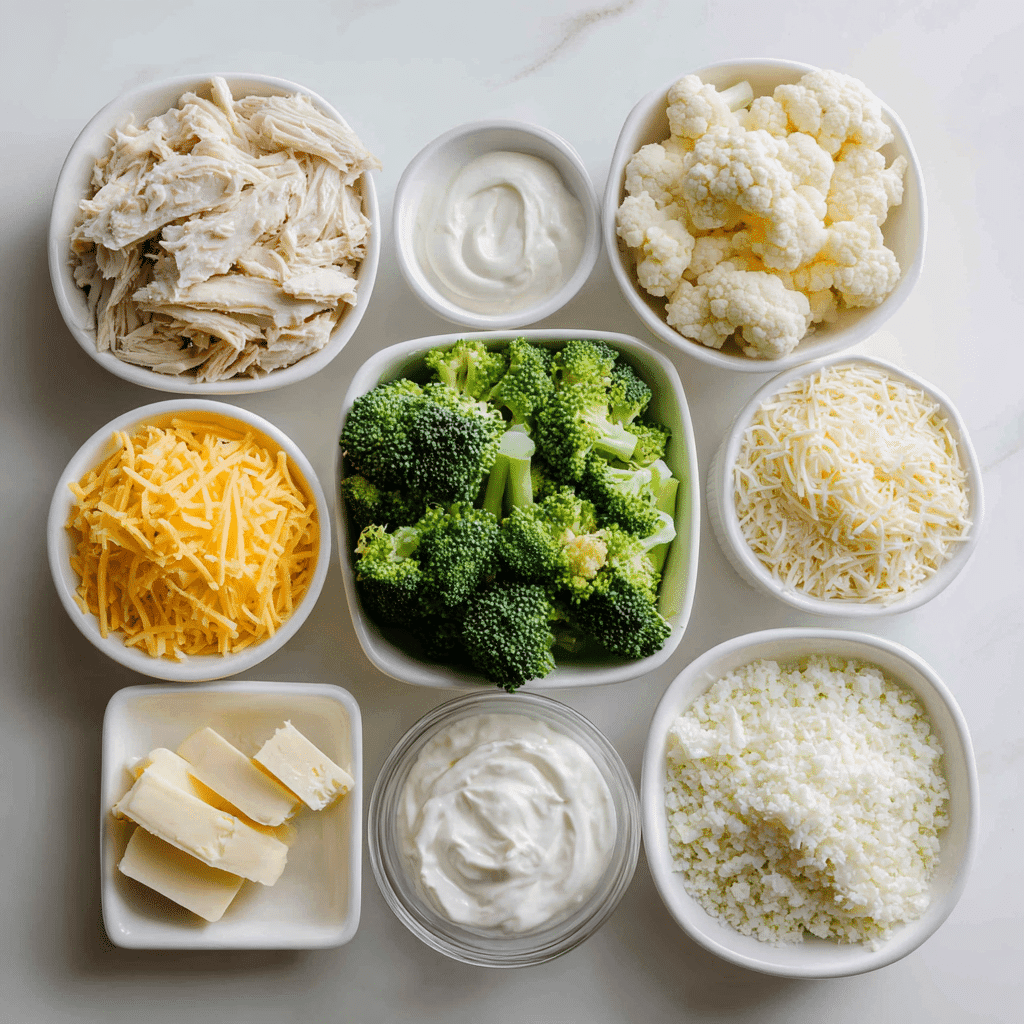 Ingredients for Easy Low Carb Chicken Casserole on a kitchen counter