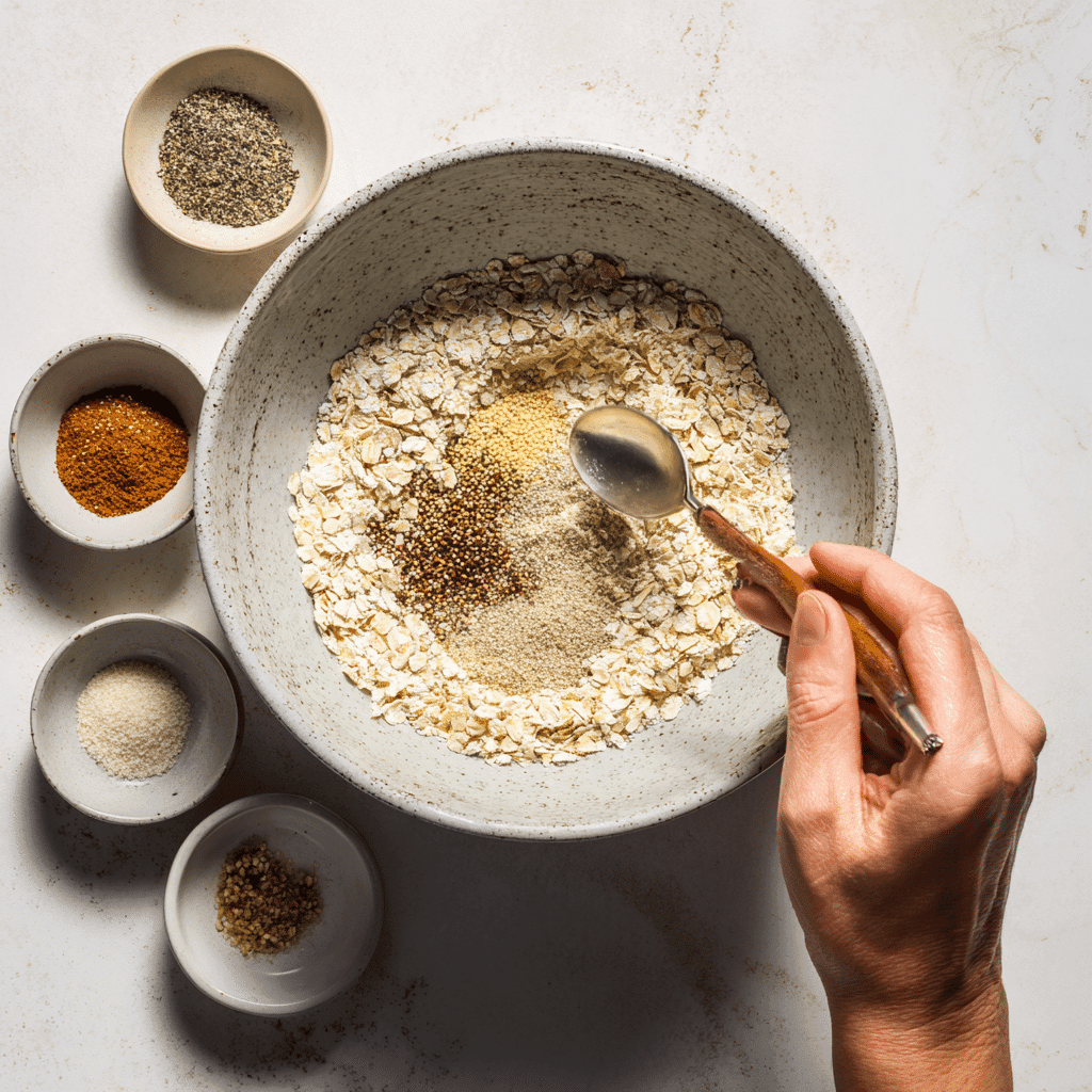 Adding oats and spices to pumpkin bar mix