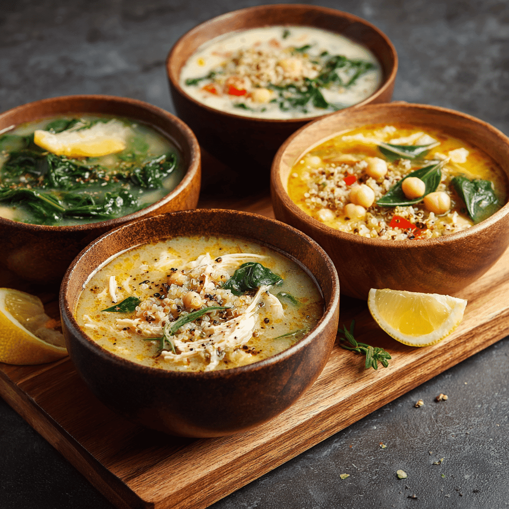 Four bowls of Mediterranean Lemon Chicken Soup: spinach, quinoa, creamy coconut, and chickpea versions