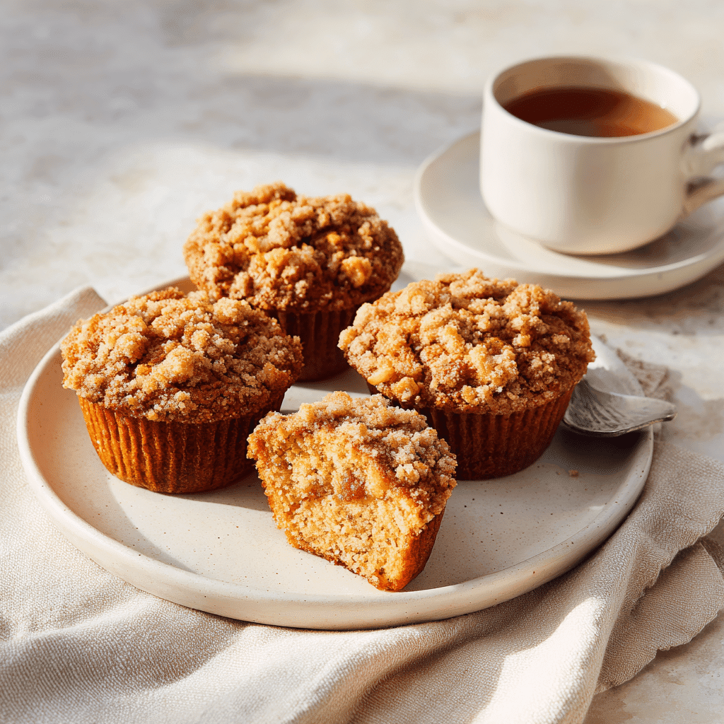 Served apple pumpkin streusel muffin cut open on plate