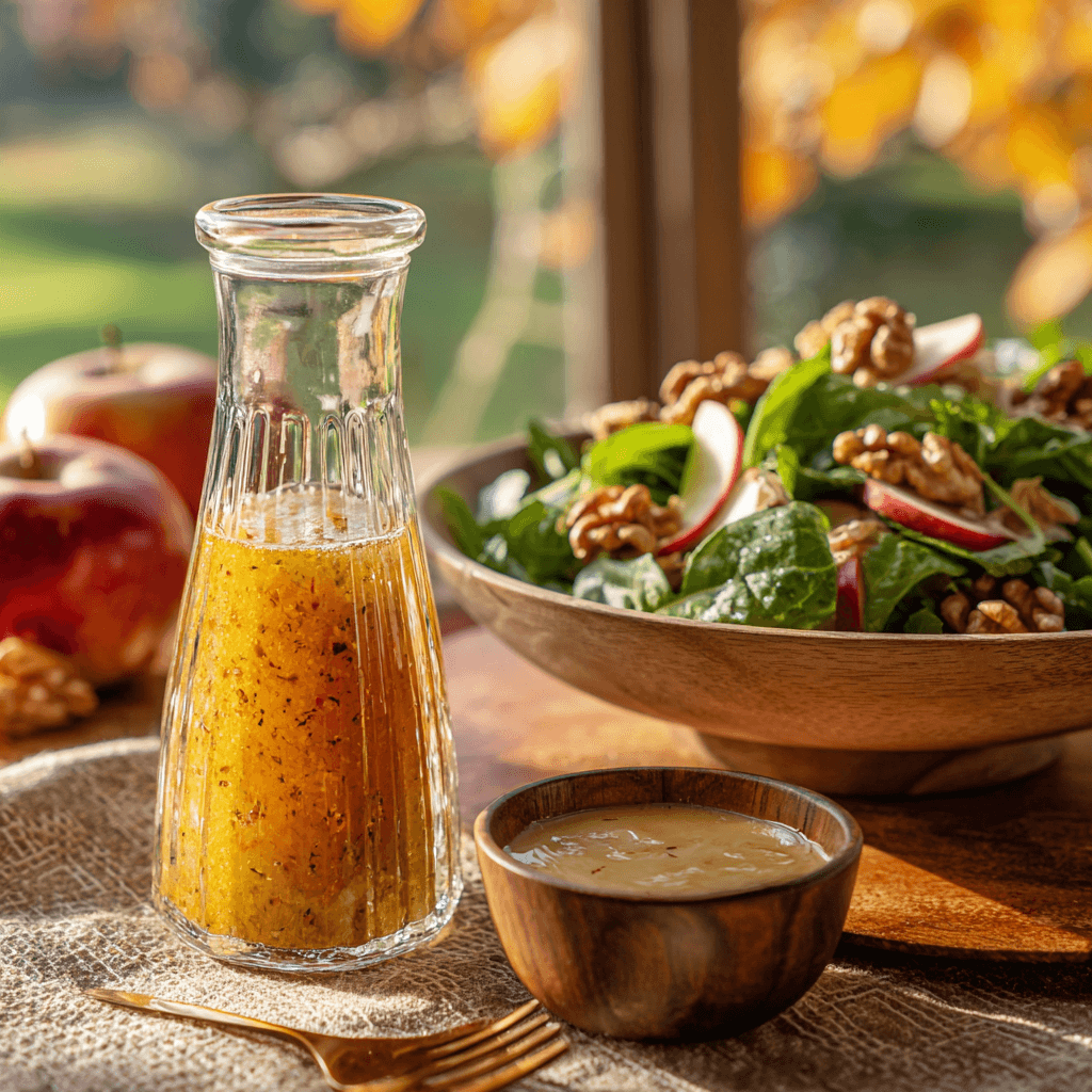 Glass bottle of Italian dressing beside a harvest salad with fall ingredients and creamy variation.