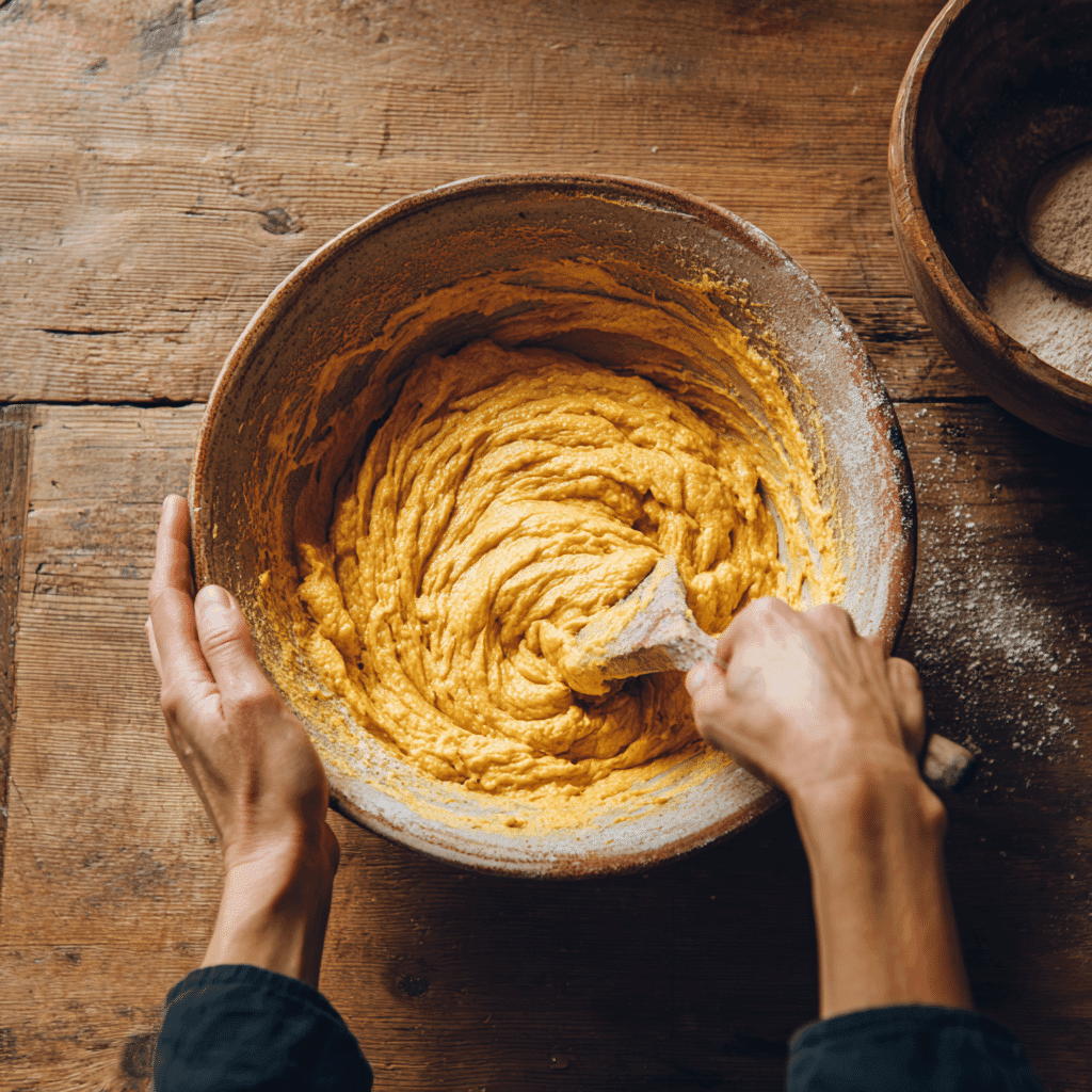 mixing pumpkin sourdough dough