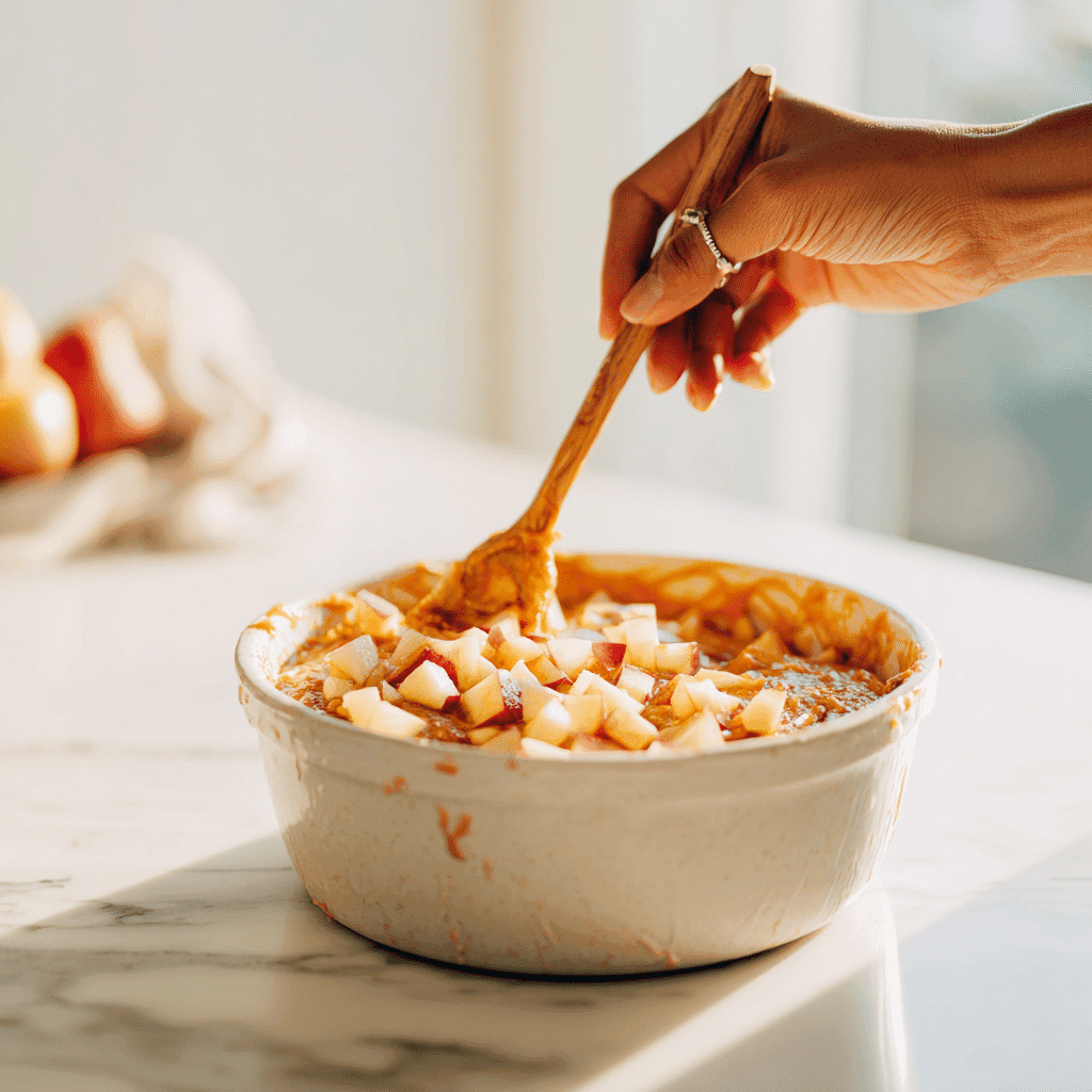 Mixing muffin batter with pumpkin and apples