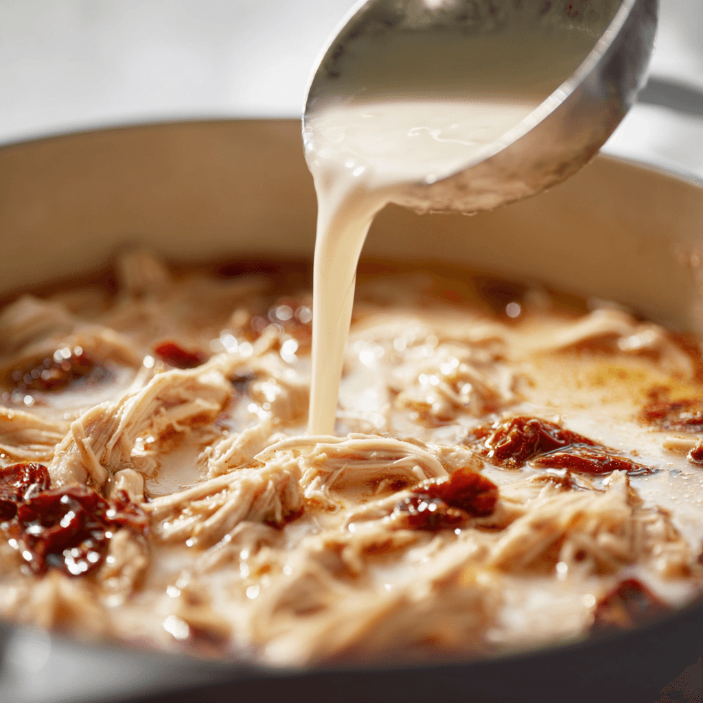 Cream being poured into a simmering pot of chicken broth with shredded chicken and sun-dried tomatoes, stirred with a ladle.
