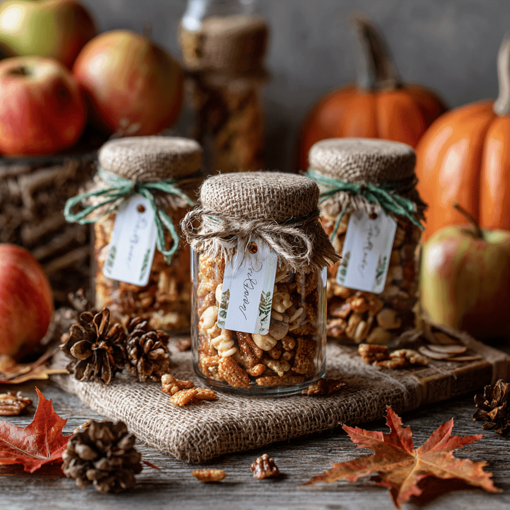 Served caramel apple puppy chow in mason jars