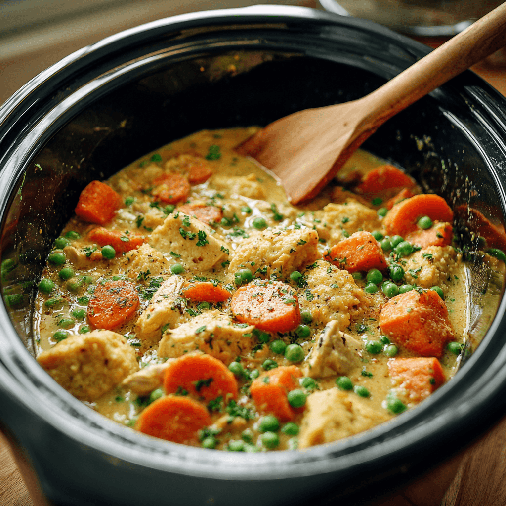 Slow cooker filled with chicken, vegetables, and creamy sauce being stirred with a wooden spoon.