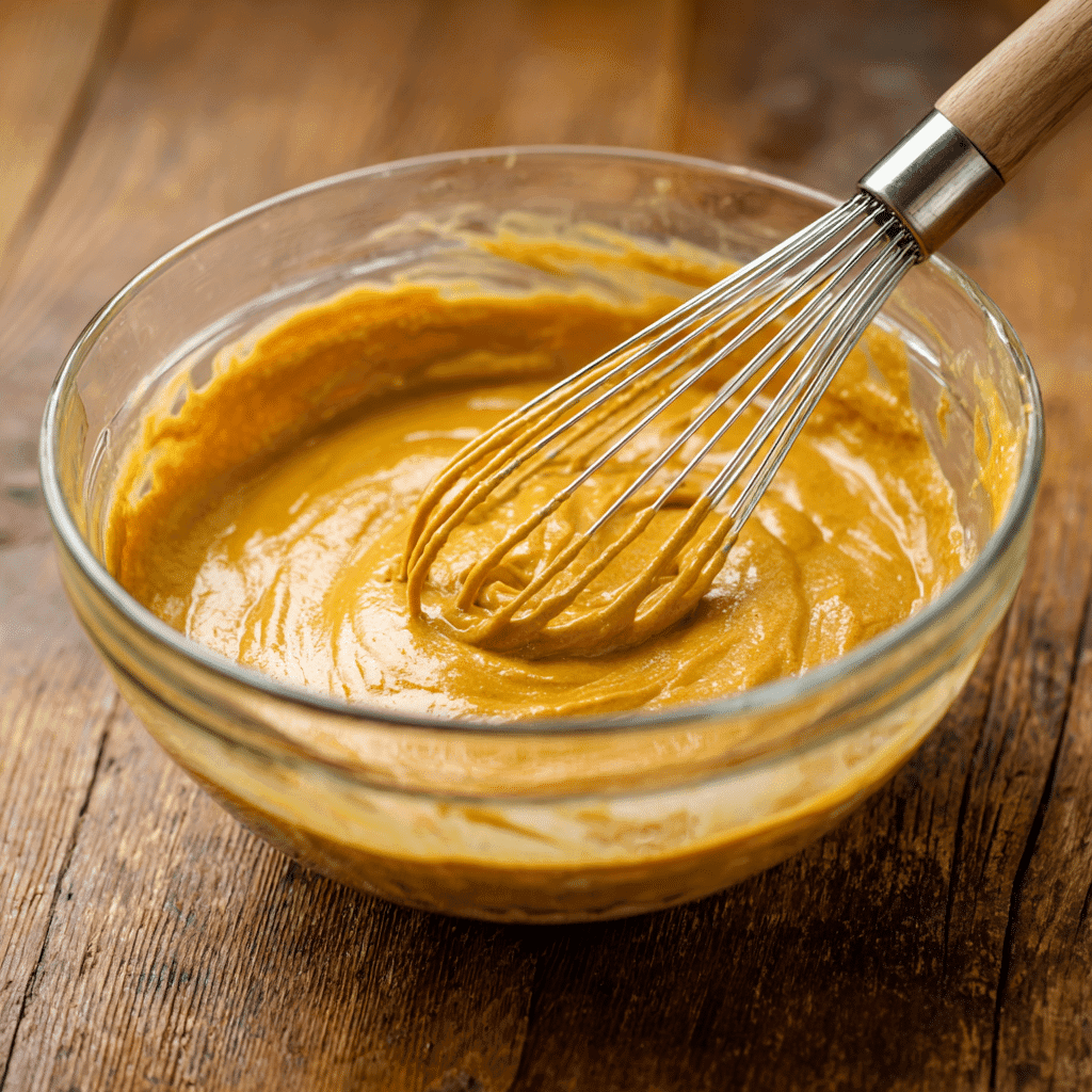 Whisking pumpkin loaf batter in bowl