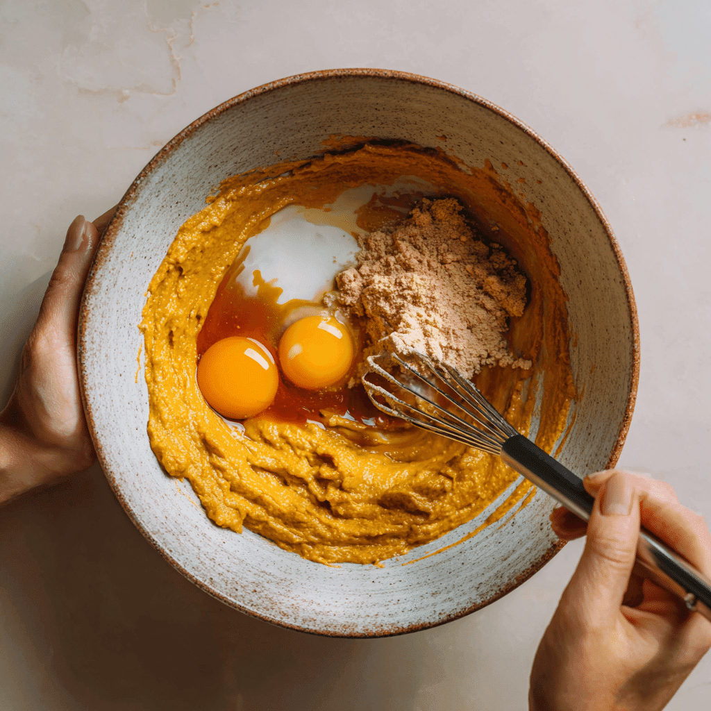 Alt Text: Mixing pumpkin oatmeal bar batter