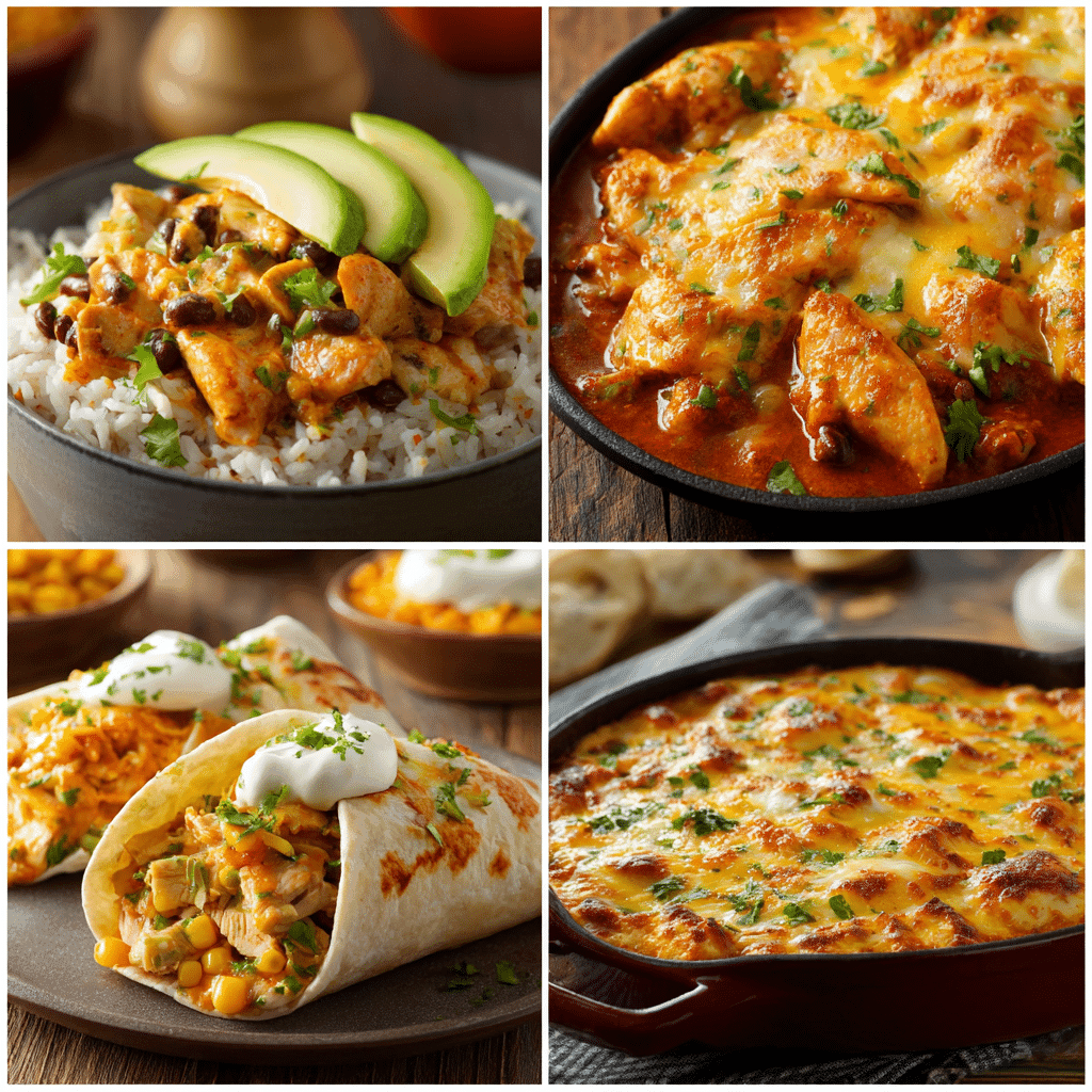 Serving variations of Santa Fe Chicken: bowl, casserole, and burrito