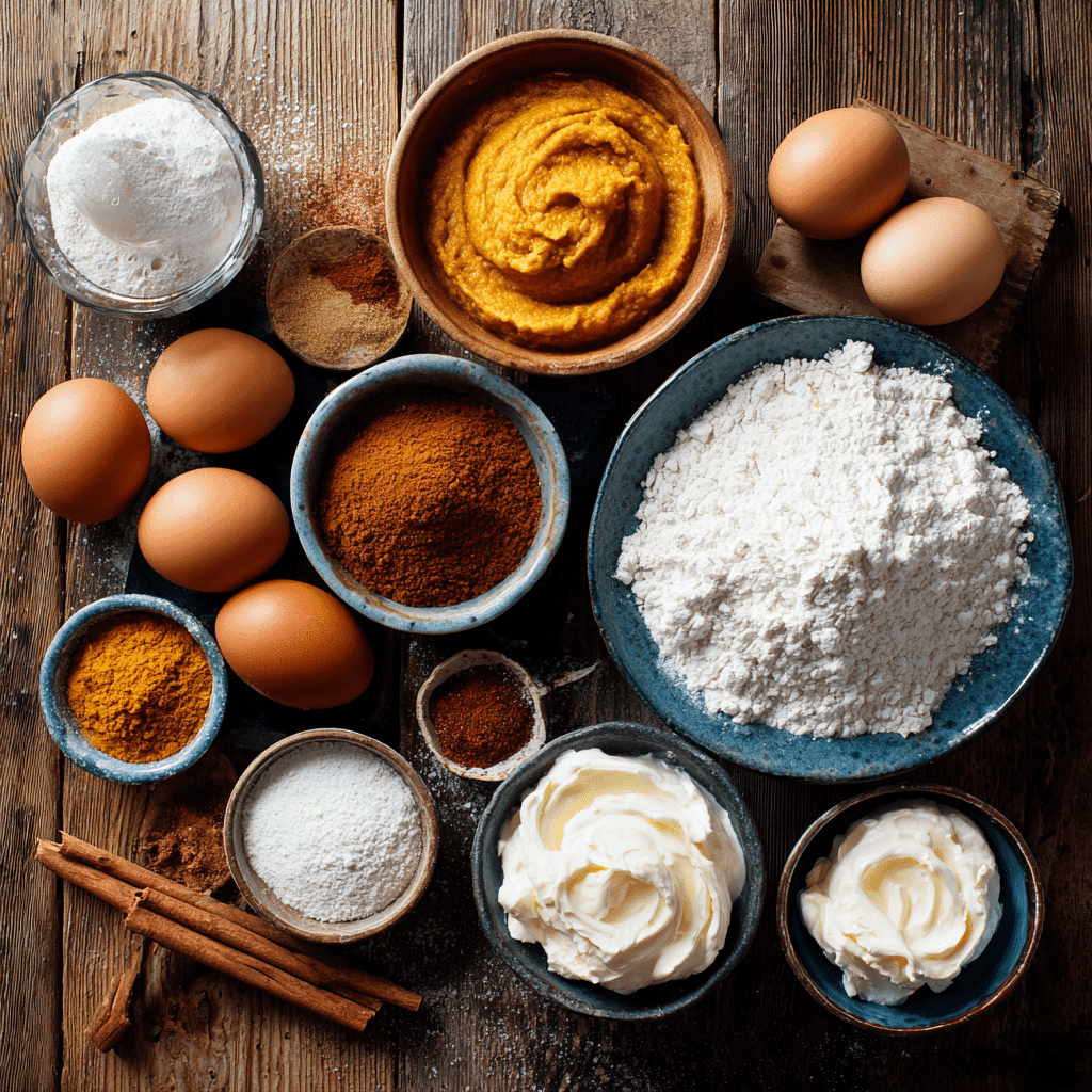 Pumpkin bread ingredients laid out on a wooden surface