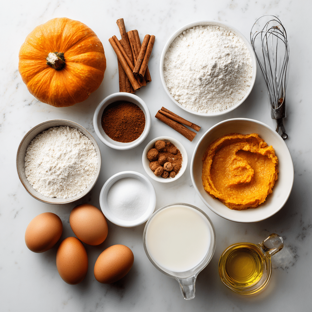 Ingredients for pumpkin bread arranged on a white marble countertop