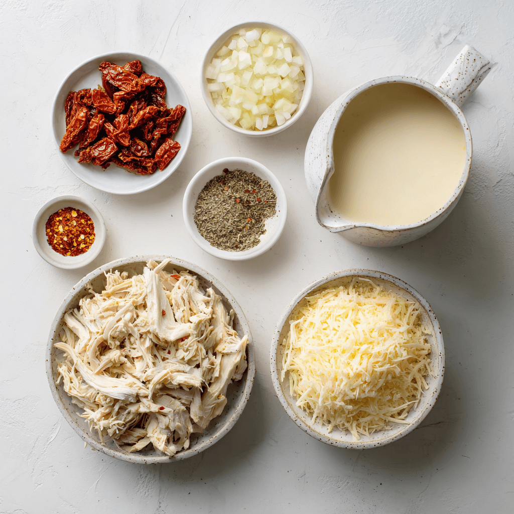 Overhead flatlay of chicken soup ingredients: shredded chicken, sun-dried tomatoes, onion, carrot, celery, herbs, cream, cheese, and broth on a white countertop.