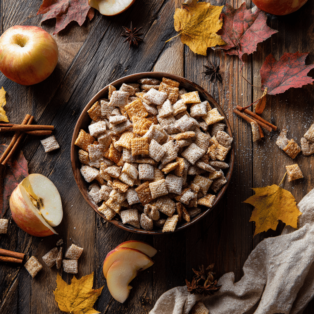 Caramel Apple Puppy Chow in rustic bowl