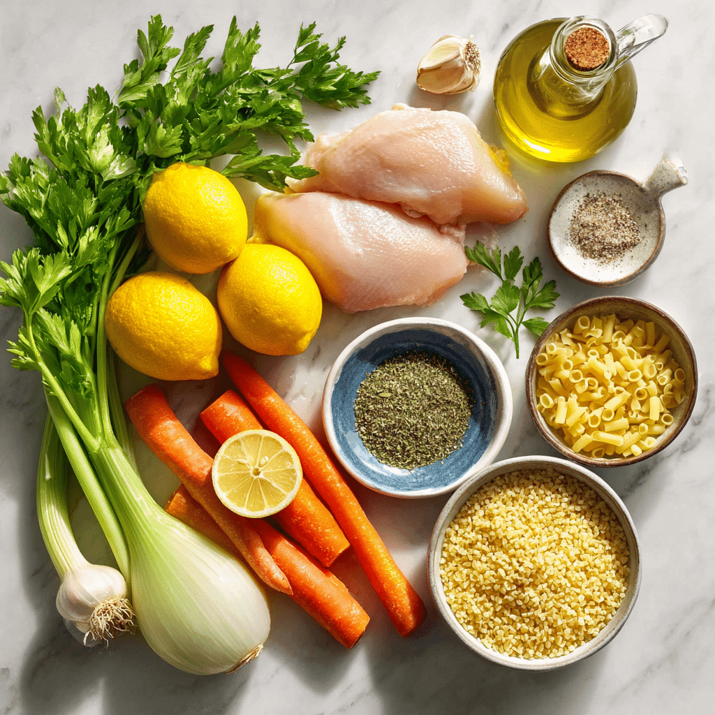Overhead ingredients for Mediterranean Lemon Chicken Soup: chicken, lemons, carrots, celery, onion, garlic, orzo, parsley