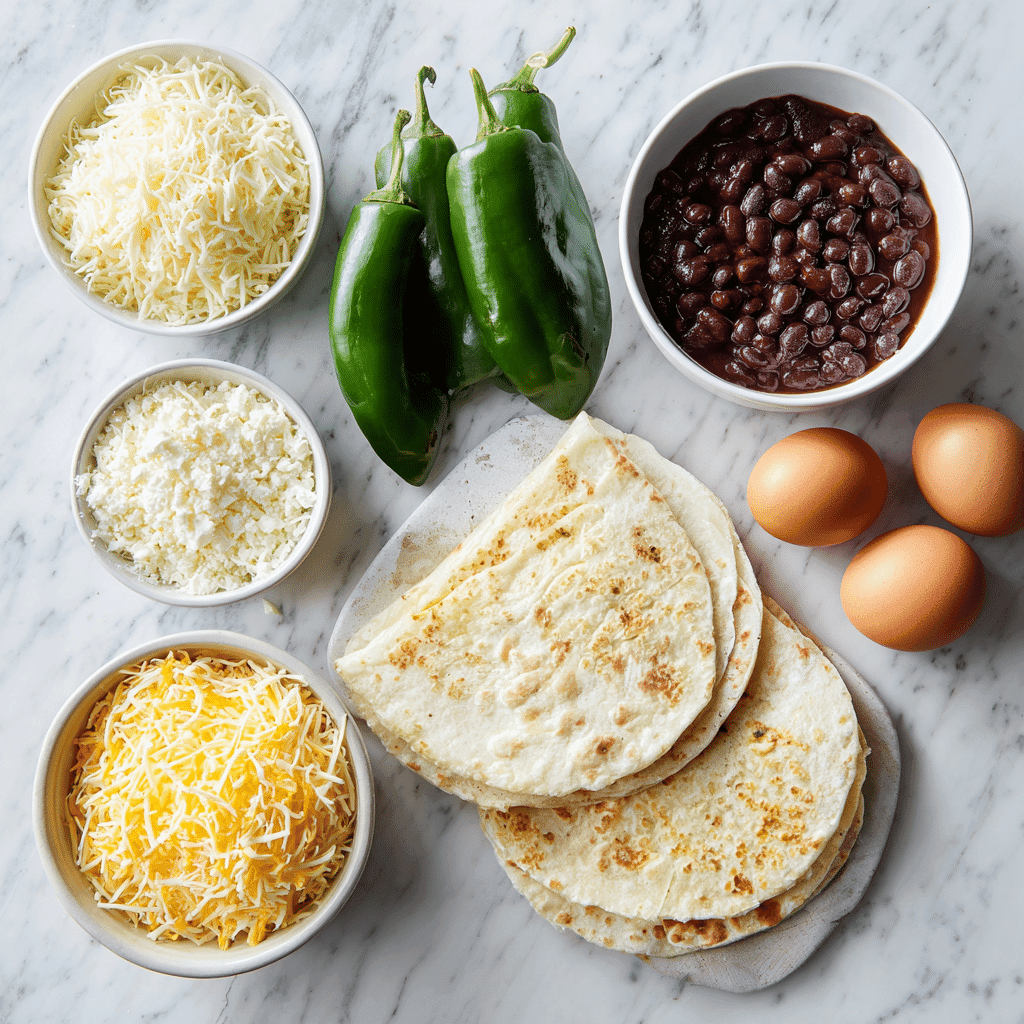 Ingredients for chile relleno quesadilla on white background