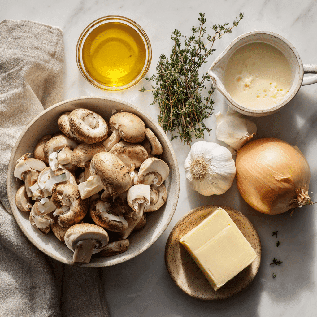 Fresh mushrooms, onions, garlic, thyme, and cream arranged on a countertop.