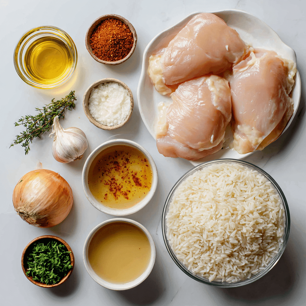 Ingredients for Creamy Smothered Chicken and Rice laid out on a counter