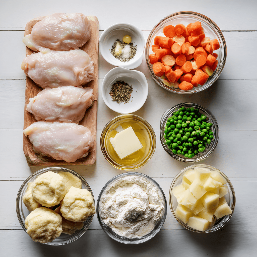 Raw chicken breasts, carrots, potatoes, peas, onion, garlic, butter, flour, spices, and biscuit dough arranged in bowls on a kitchen counter.