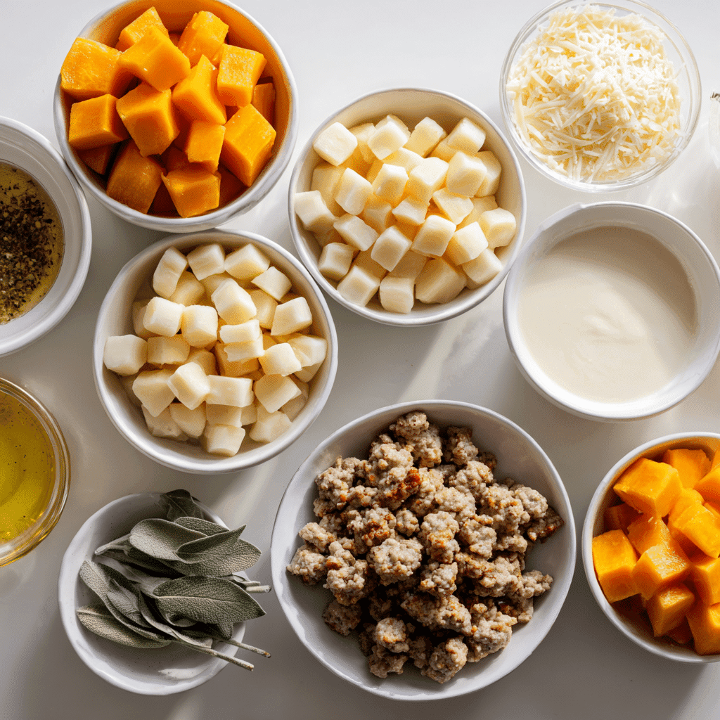 Ingredients for creamy butternut squash gnocchi with sausage on a white counter.