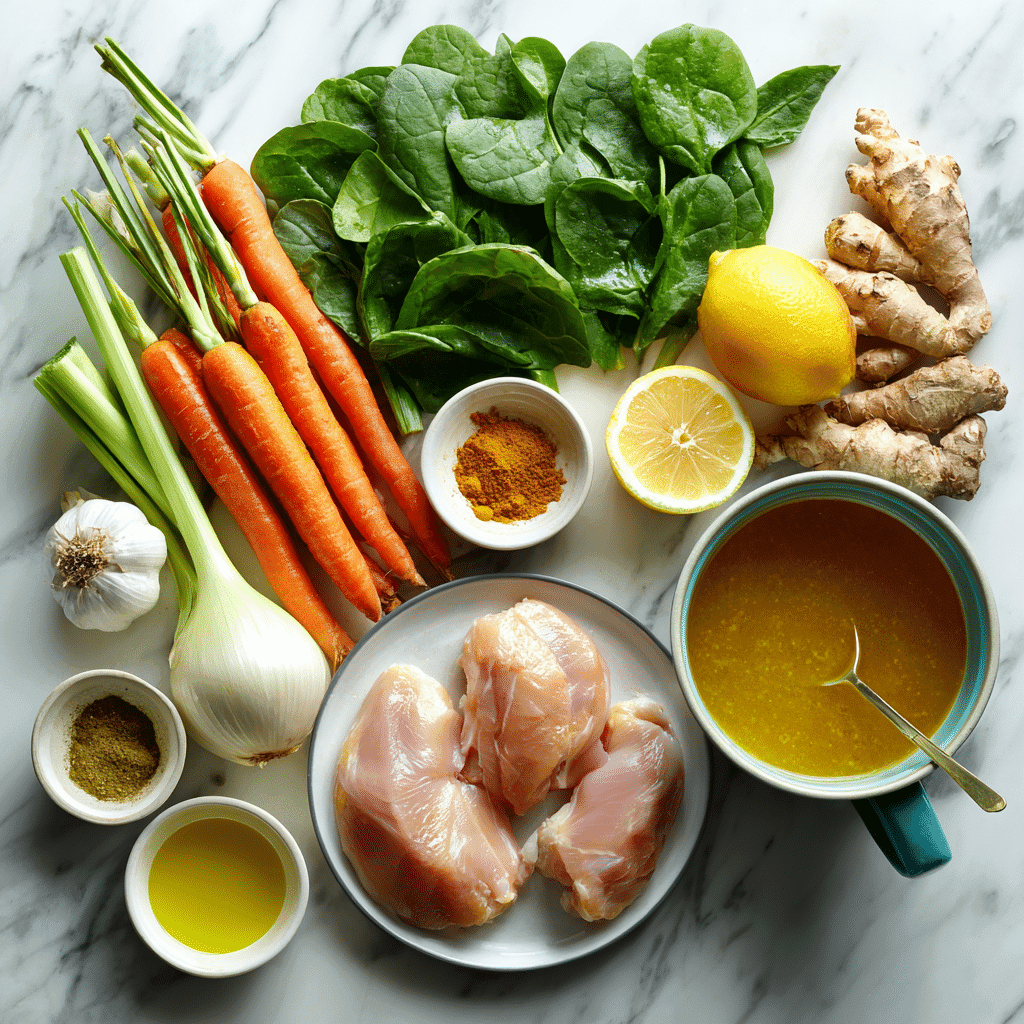 Fresh turmeric, chicken breast, garlic, ginger, carrots, celery, spinach, broth, and lemon arranged on a kitchen counter.