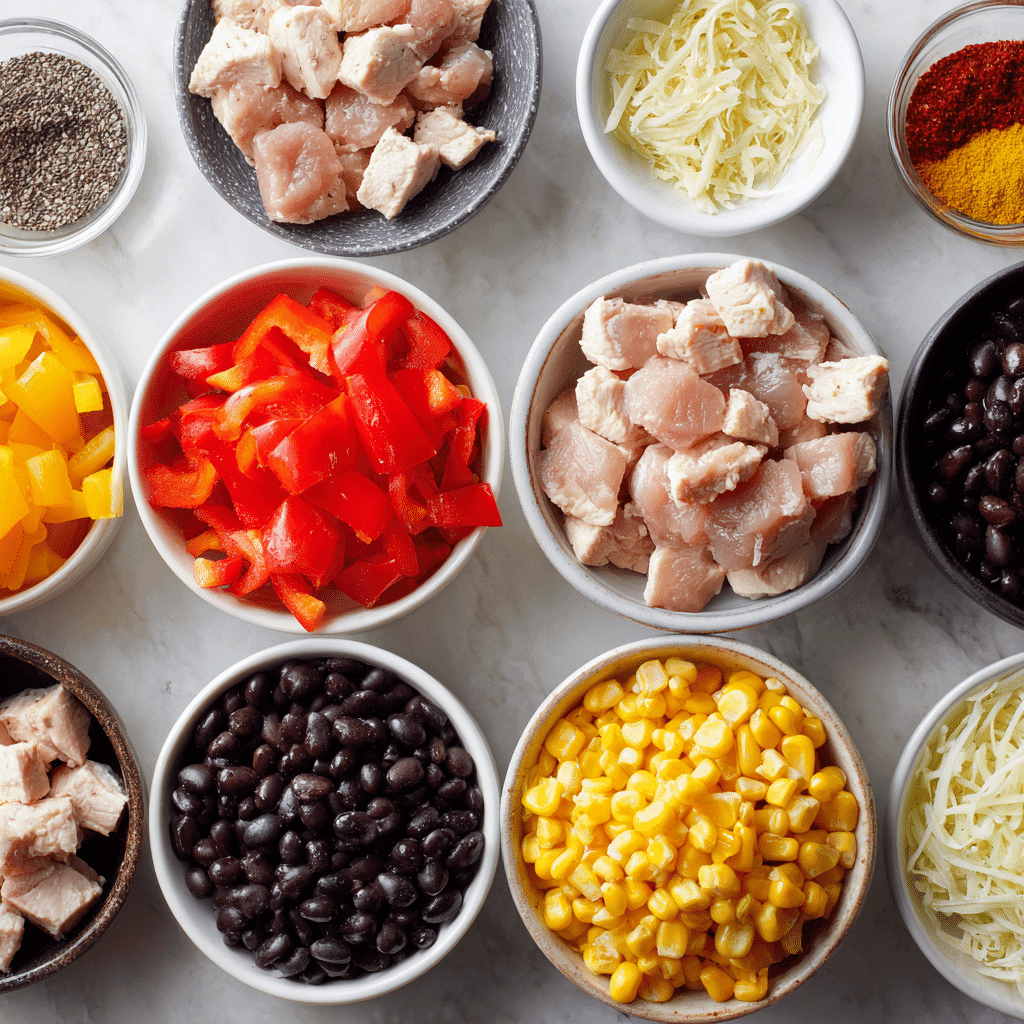 Ingredients for Santa Fe Chicken: fresh veggies, chicken, spices, and cheese on a countertop