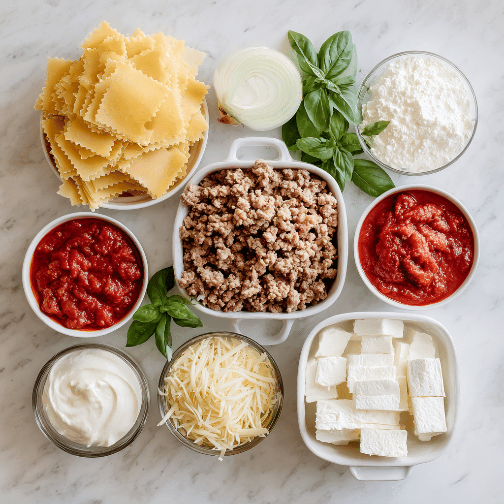 Raw lasagna noodles, ground turkey, cottage cheese, tomatoes, garlic, onion, and fresh basil arranged on a counter.