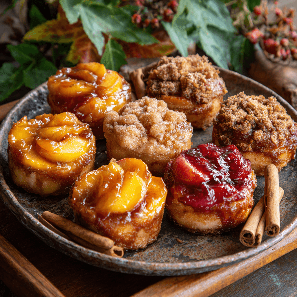Variations of Mini Peach Upside Down Cakes Delight with streusel and spiced versions.