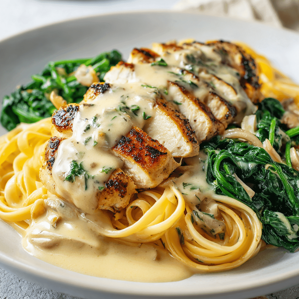 Creamy Garlic Chicken served with pasta and spinach