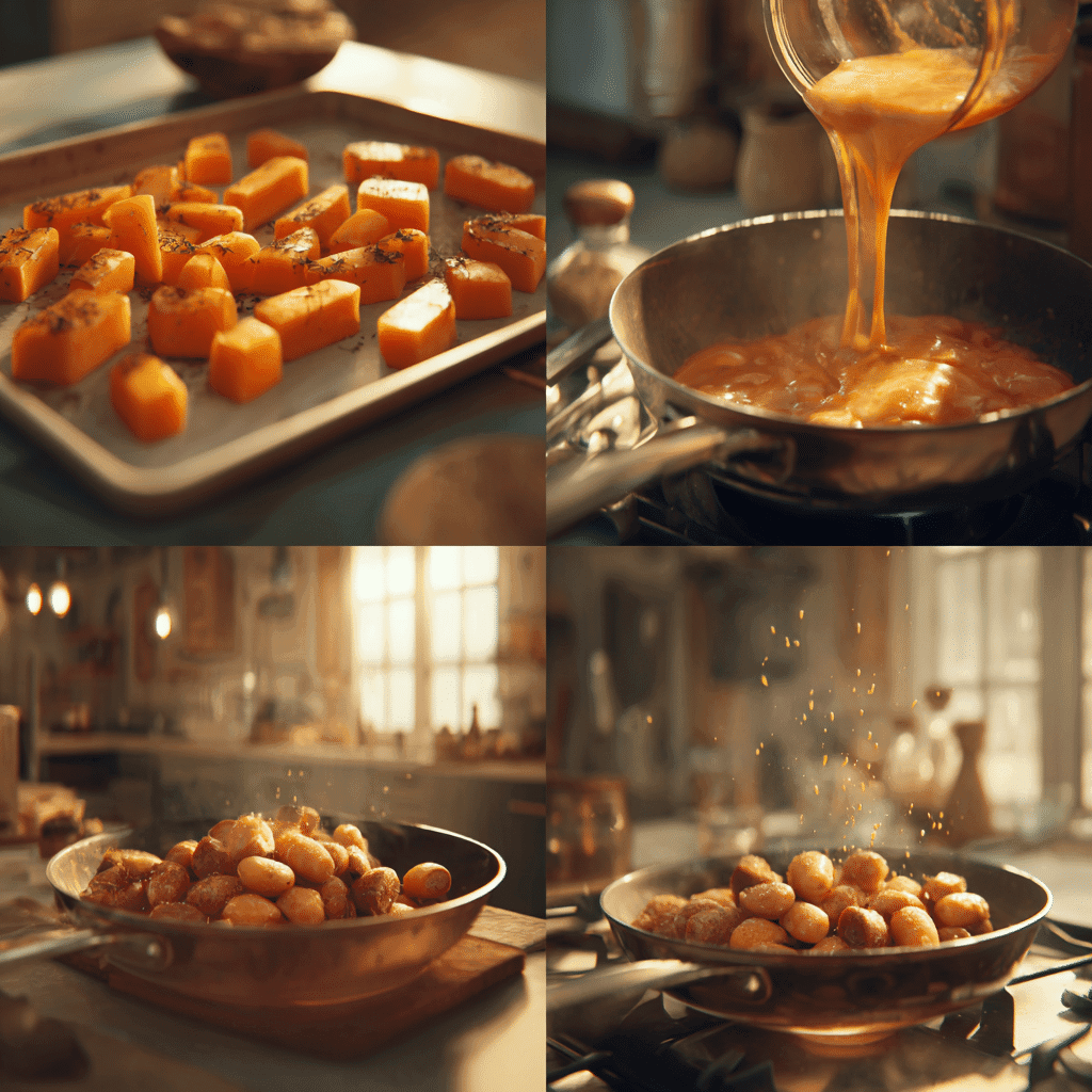 Step-by-step process of making creamy butternut squash gnocchi with sausage.