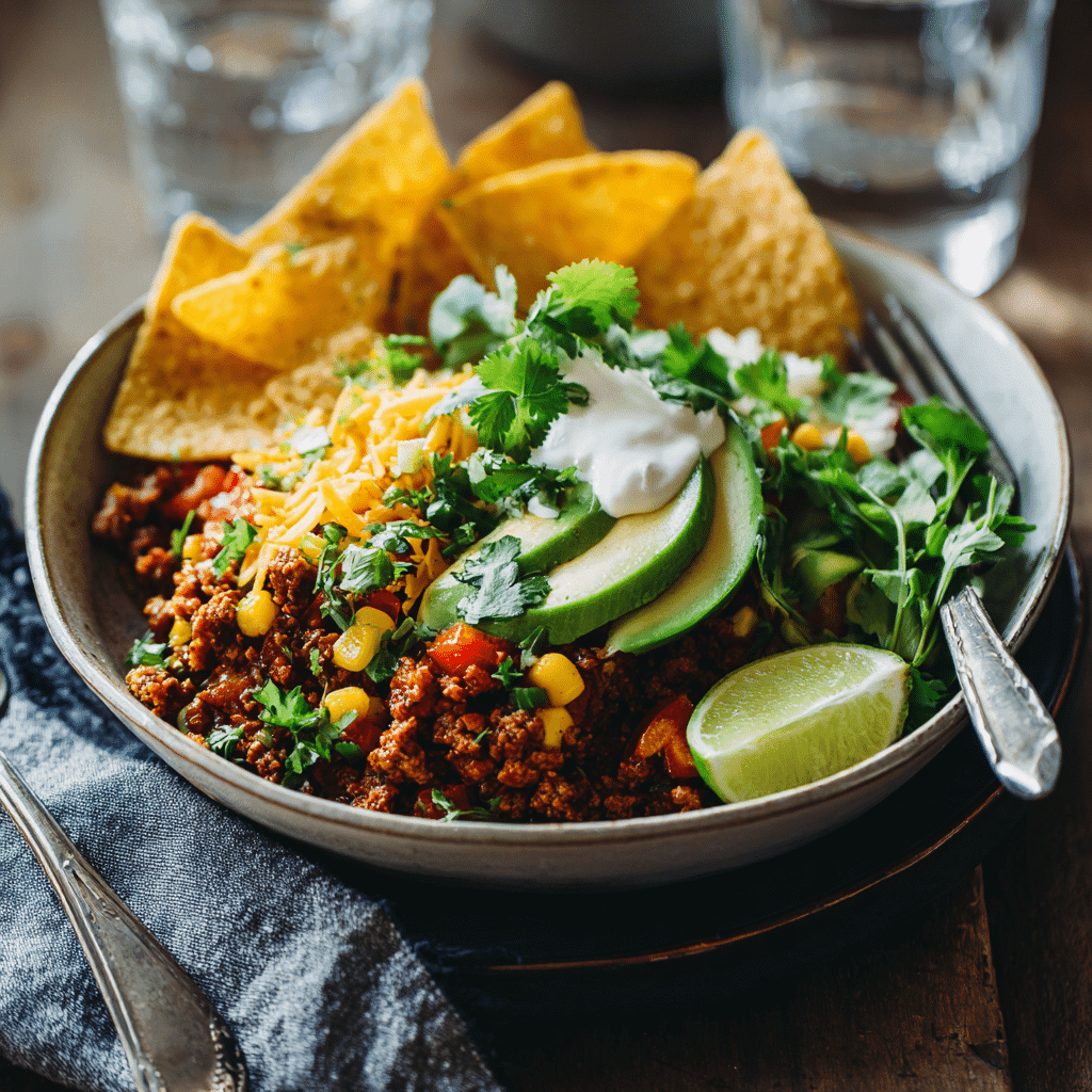 Served taco lunch meal prep bowl with chips