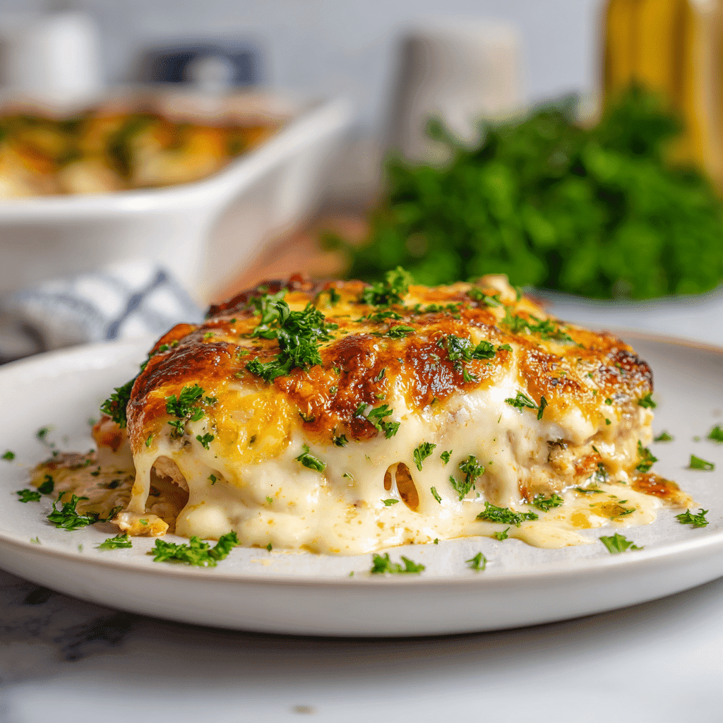 Serving of Easy Low Carb Chicken Casserole with melted cheese and parsley