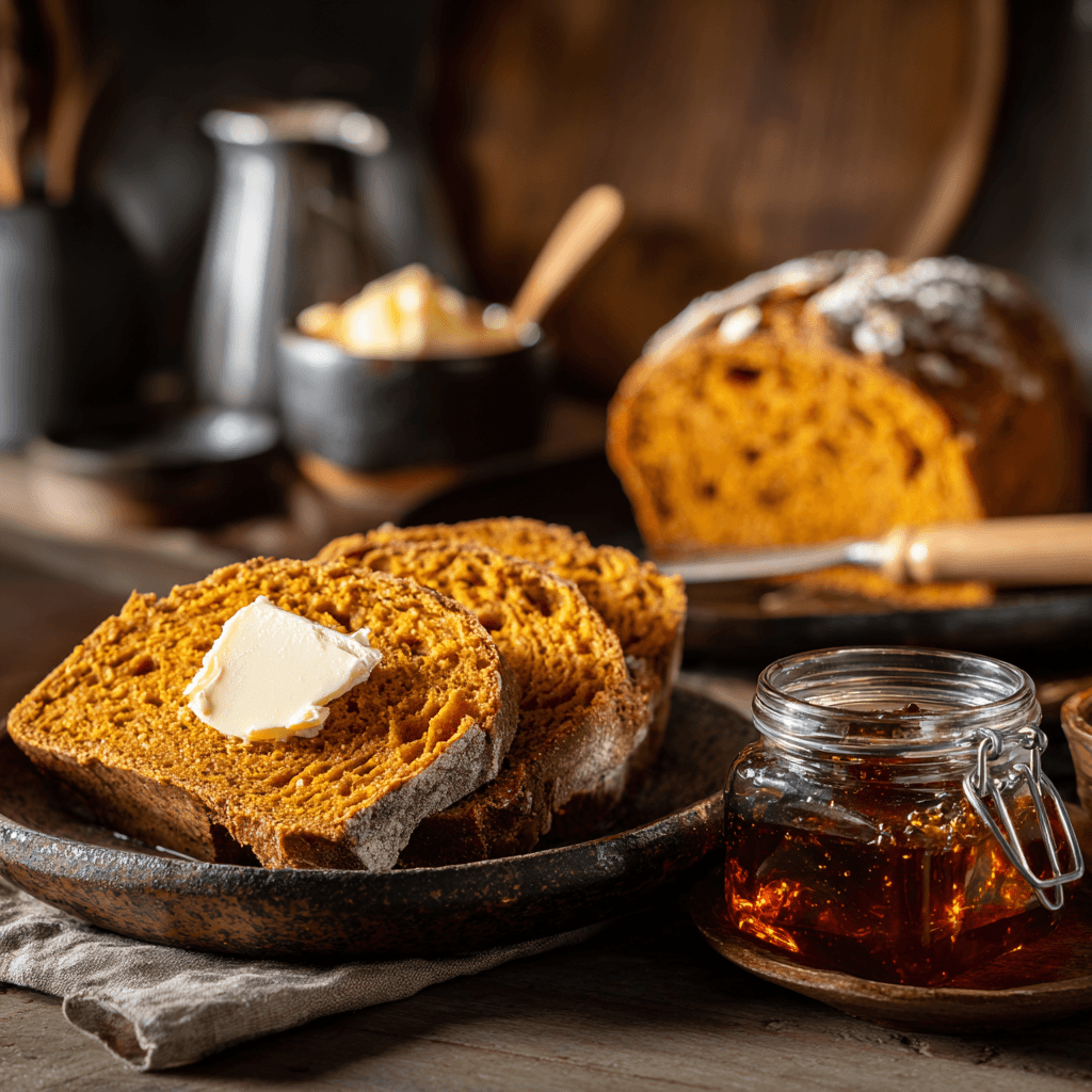 sliced pumpkin sourdough bread served with butter