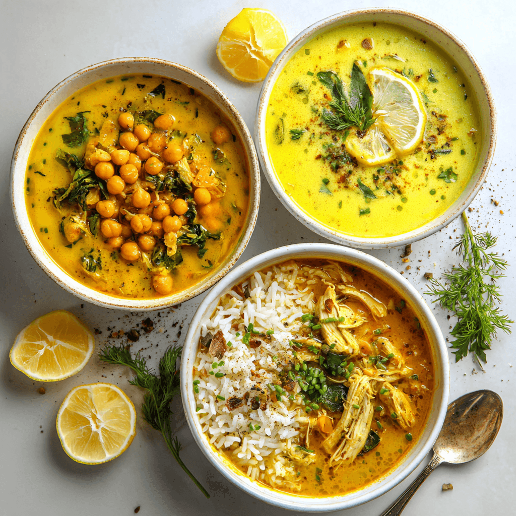 Three bowls of turmeric chicken soup: vegetarian with chickpeas, creamy with coconut milk, and hearty with rice.