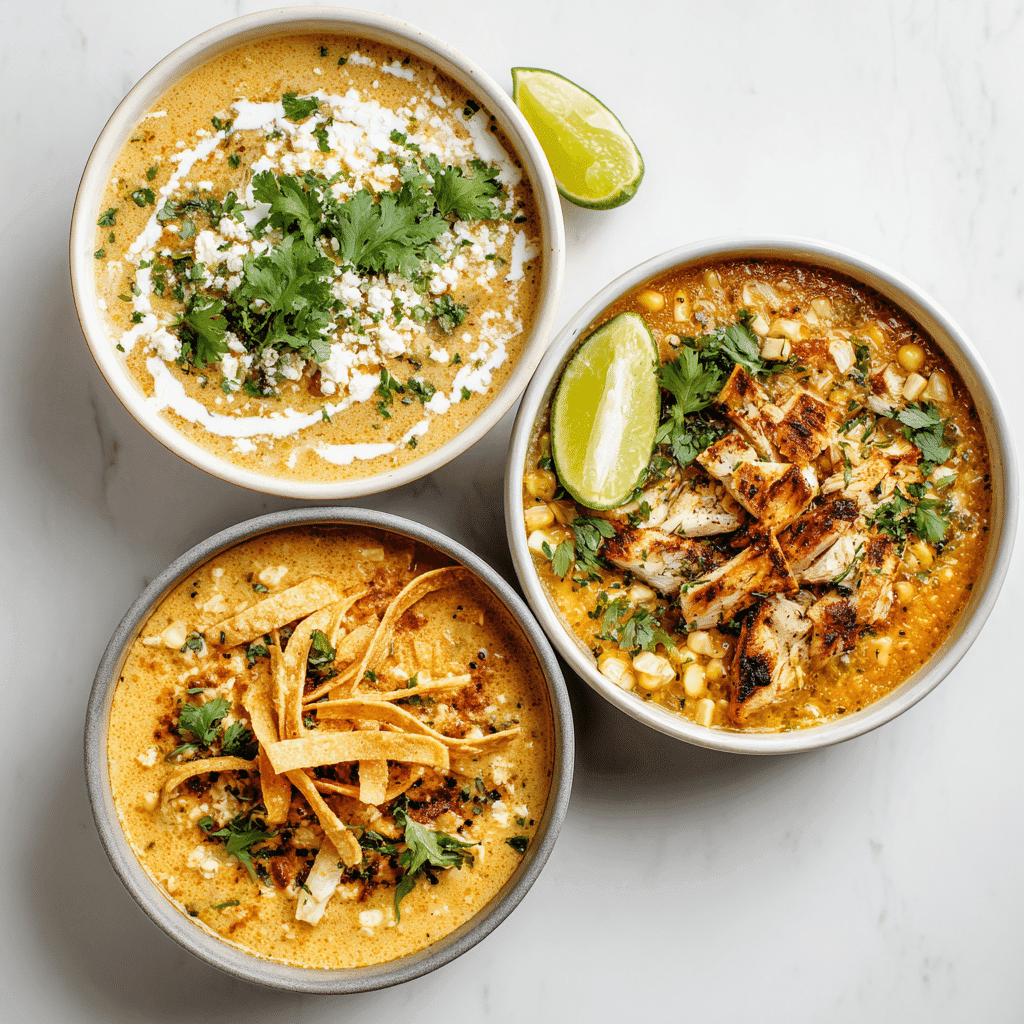 Variations of Mexican Street Corn Soup topped with cheese, tortilla strips, and chicken.