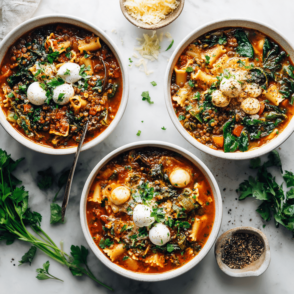 Three bowls of high protein lasagna soup: gluten-free, vegetarian, and extra cheesy versions.