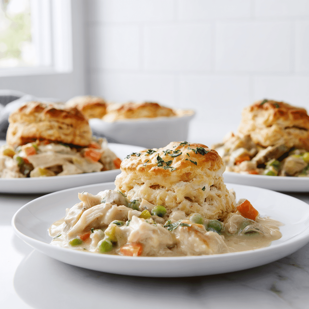 Three plated servings of chicken pot pie with different toppings, including gluten-free biscuits, puff pastry, and dairy-free coconut cream sauce.
