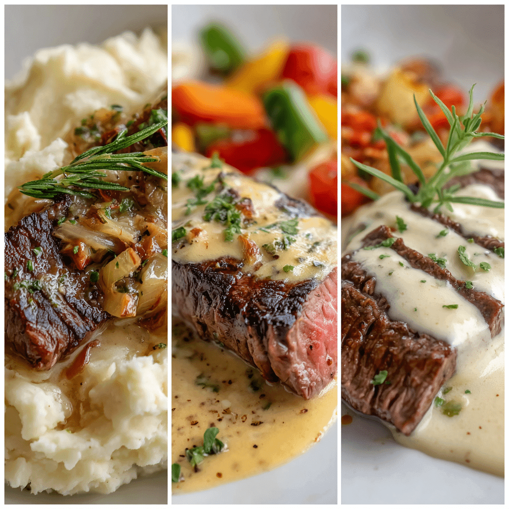 Different serving variations of bavette steak with roasted garlic pan sauce.