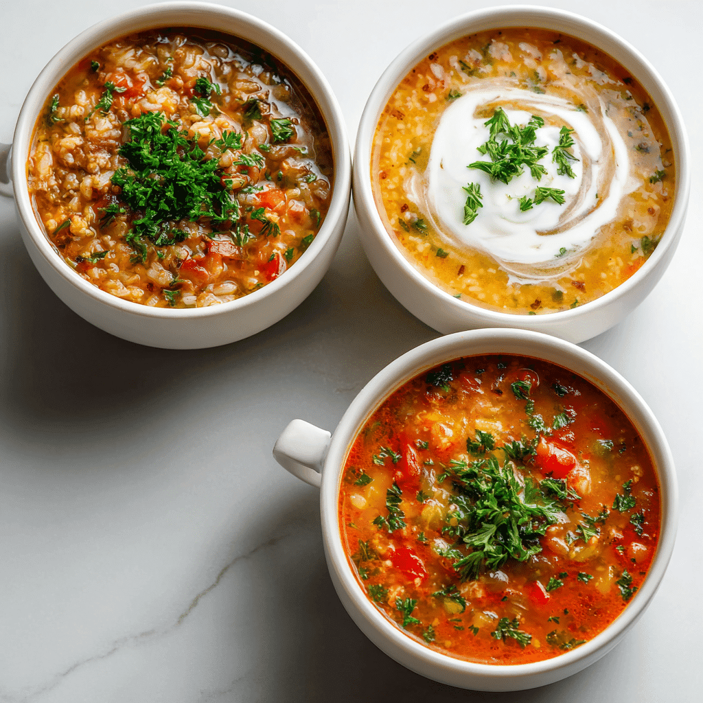 Three variations of stuffed pepper soup: classic, low-carb, and creamy