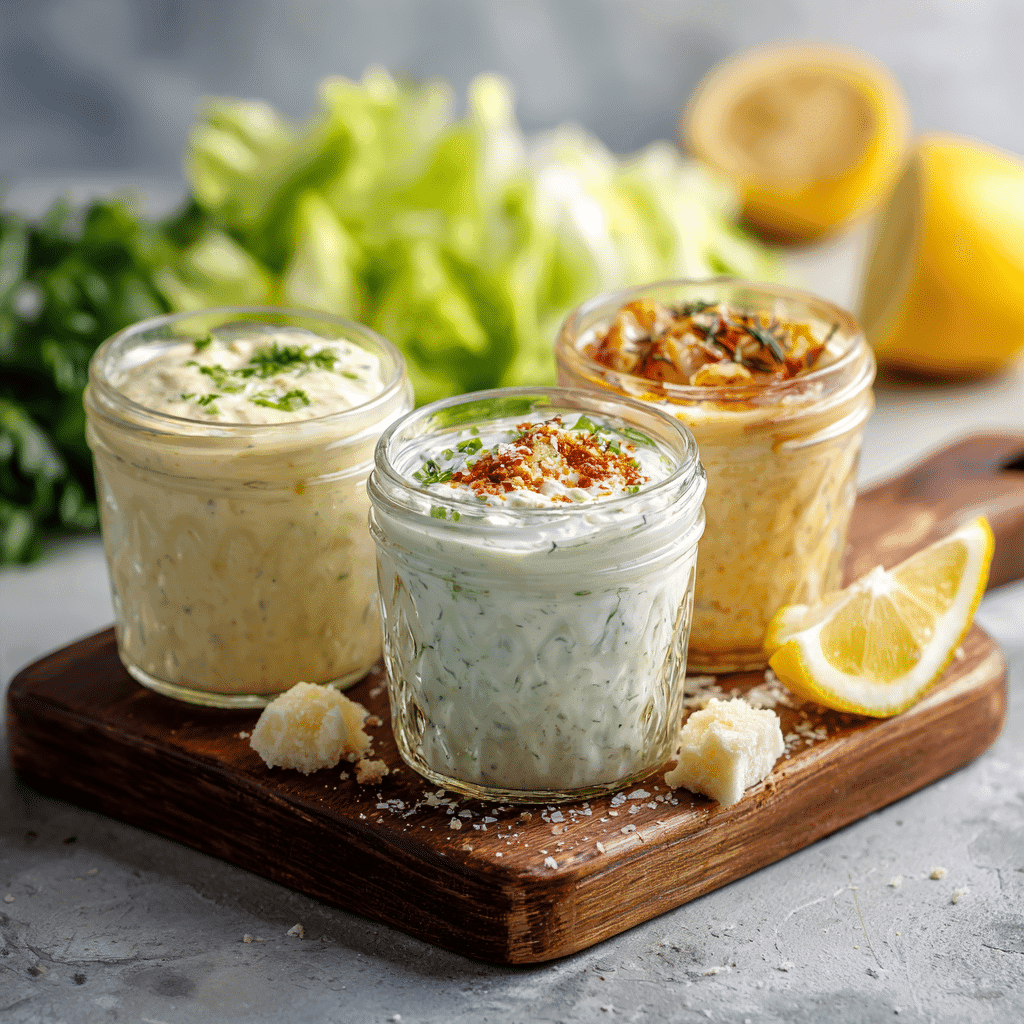 Three variations of Caesar Salad Dressing in jars