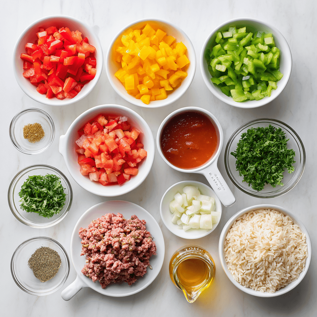 Ingredients for stuffed pepper soup arranged on a white countertop