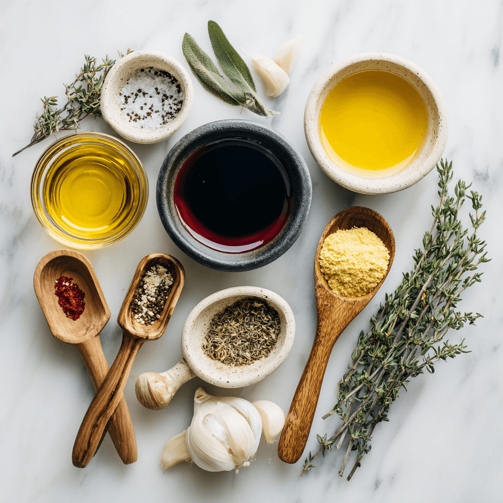 Flat lay of fresh Italian dressing ingredients on a marble counter with bowls and wooden spoons.