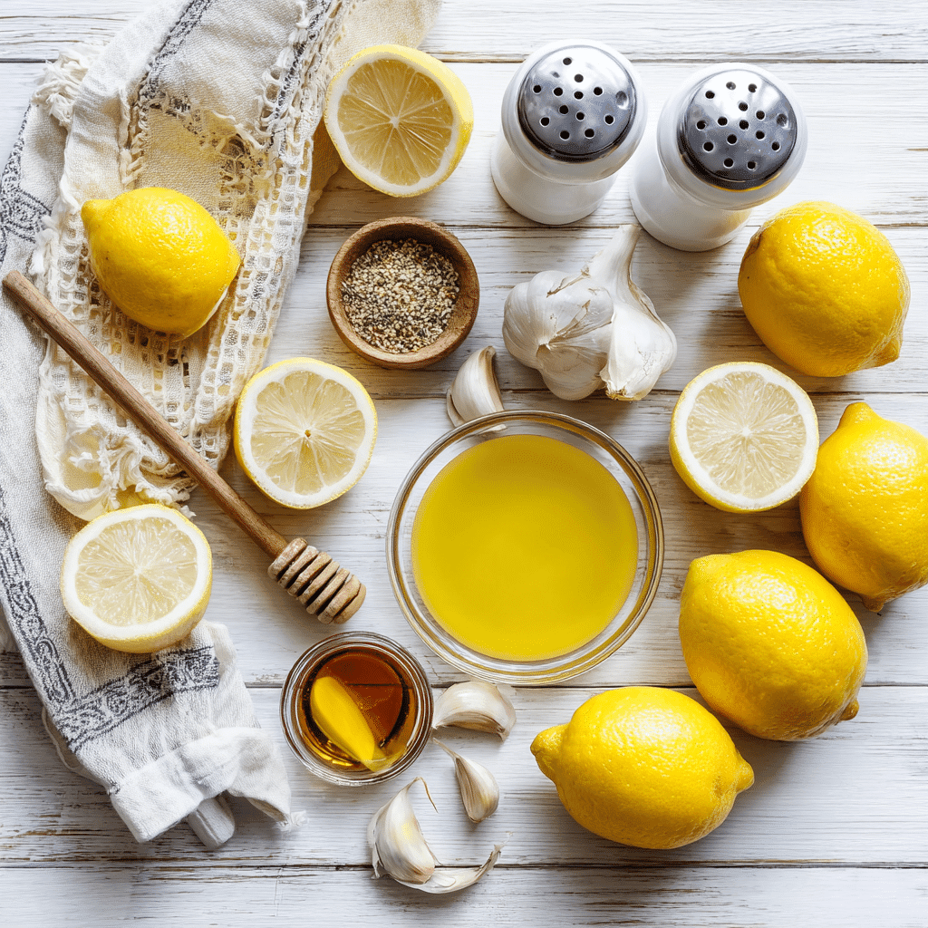 Flat lay of ingredients for lemon dressing including lemons, olive oil, mustard, garlic, honey, and spices on a wooden counter