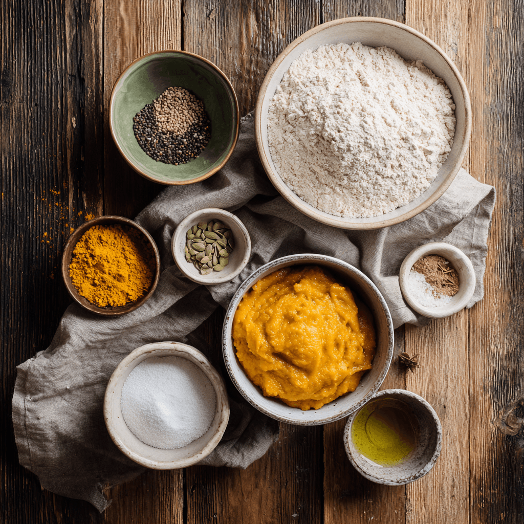 pumpkin sourdough bread ingredients flatlay